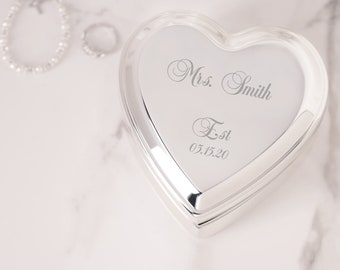 Personalized Silver Heart Jewelry Box, FREE Engraving Gift for Engagement, Wedding, Anniversary, Wife, Girlfriend, Fiancé, Mothers Day Gift