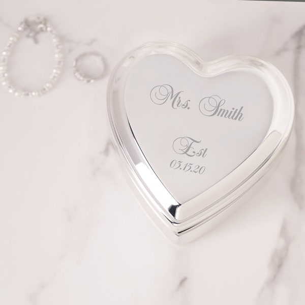 Personalized Silver Heart Jewelry Box, FREE Engraving Gift for Engagement, Wedding, Anniversary, Wife, Girlfriend, Fiancé, Mothers Day Gift