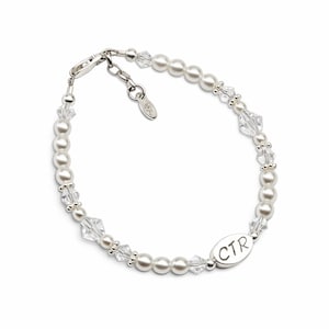 Sterling Silver CTR "Choose The Right" Bracelet with Simulated Pearls and Crystals, Baptism or 1st Communion Gift, Little Girls CTR Jewelry