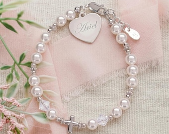 Personalized Sterling Silver Pearl Cross Bracelet with FREE Engraving, First Communion Gift, Girls Custom Catholic Jewelry, Christian Gift