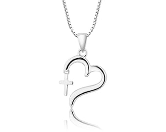 Sterling Silver Dangling Cross Heart Charm Necklace, First Communion Gift for Girls, Childrens Cross Necklace, Christian Jewelry Teens