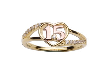 Quinceanera Heart Ring 14K-Gold and Rose Gold-Plated (over Sterling Silver) for Girls with Fifteen CZ Stones for Sweet 15 Birthday Gift