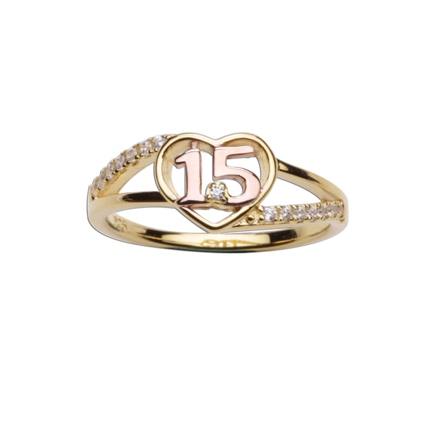 Bague cœur de Quinceanera en or 14 carats et plaqué or rose (sur argent sterling) pour fille avec quinze pierres CZ pour un cadeau d'anniversaire de 15 ans