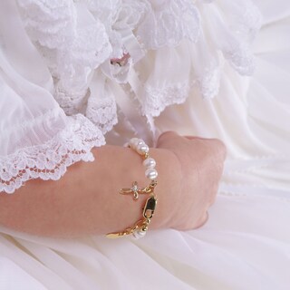 Braccialetto Delicato Con Croce E Perle Per Donna - Placcato Oro 14K, Regalo Battesimo
