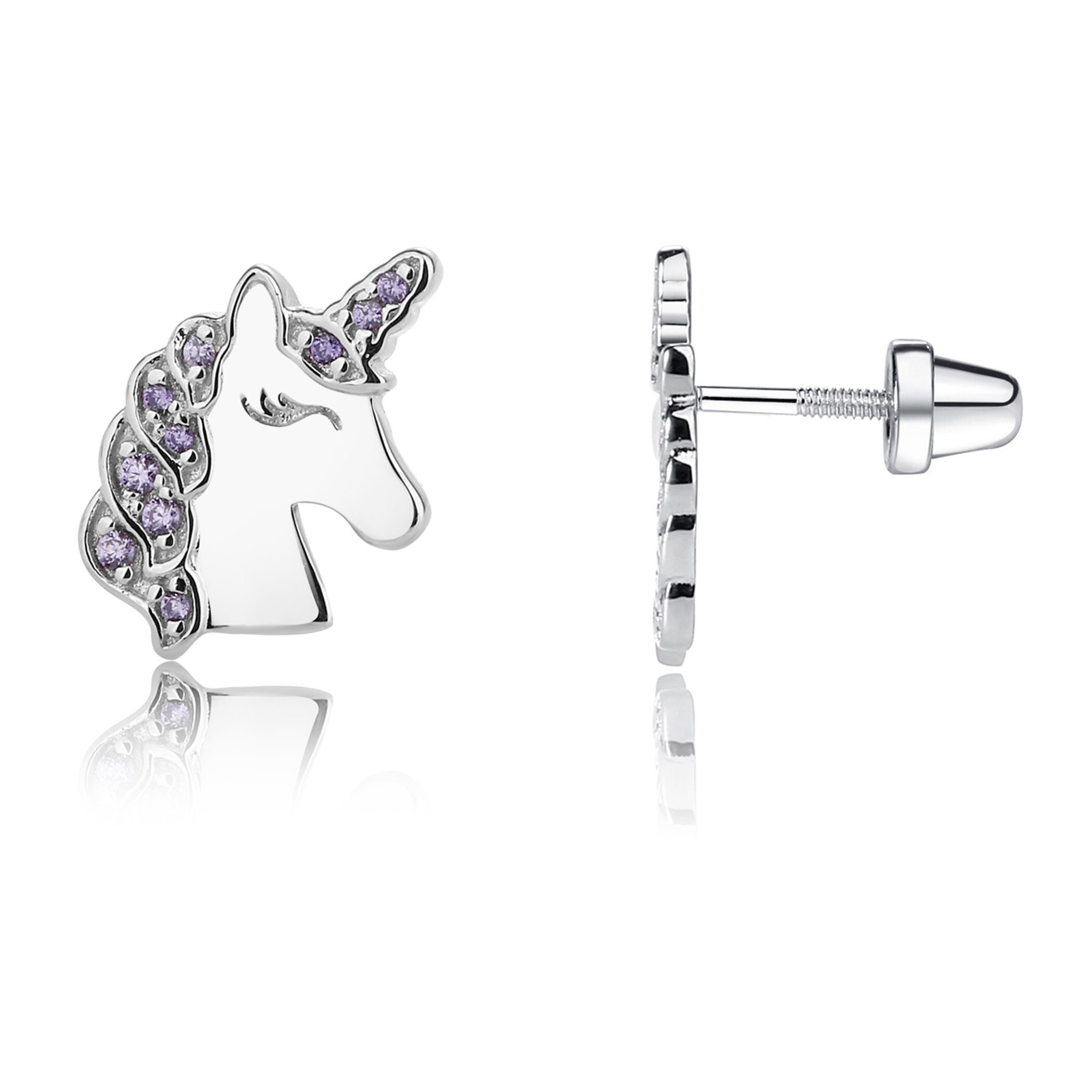 Girls Sterling Silver Unicorn Earrings With Purple Czs With Screw