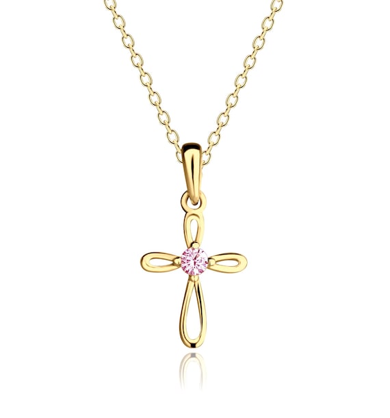 Childrens 14K Gold-plated Sterling Silver Pink Cross Necklace