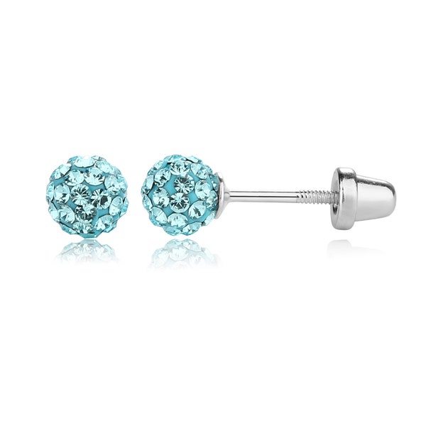 Sterling Silver March Birthstone Aqua Crystal Ball Earrings for Little Girls with Screw Backs, Hypo-allergenic, Kids, Toddler Jewelry 5mm