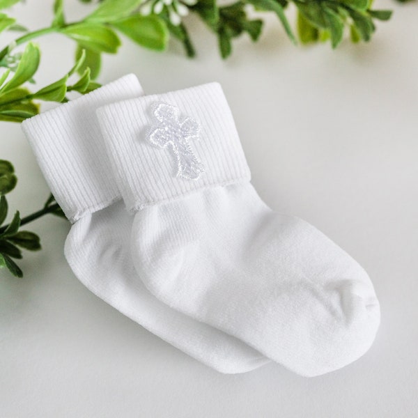Baby Girls or Boys White Dress Socks with Embroidered Cross Embellishment for Baptism, Christening, Dedication or Infant Blessing (0-6 mo)