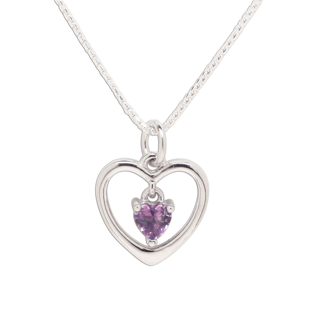 Sterling Silver dancing Heart Birthstone Necklace With CZ Heart Charm