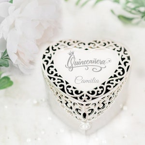 Personalized Silver Filigree Heart Jewelry Box, Custom Gift for Quinceañera for 15 Year Olds, Sweet 16 Gift with FREE Engraved Name
