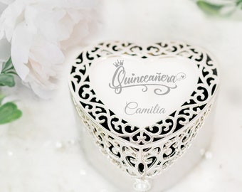 Personalized Silver Filigree Heart Jewelry Box, Custom Gift for Quinceañera for 15 Year Olds, Sweet 16 Gift with FREE Engraved Name