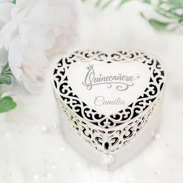 Personalized Silver Filigree Heart Jewelry Box, Custom Gift for Quinceañera for 15 Year Olds, Sweet 16 Gift with FREE Engraved Name