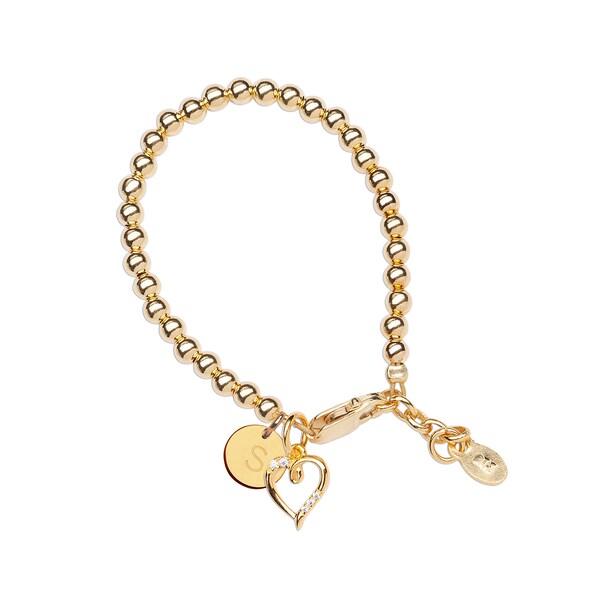 Childs or Womens 14K Gold-Plated Bracelet with Heart Charm, Optional Initial Coin, Personalized Infant, Baby, Toddler, Girls Keepsake Gift