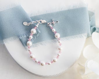 Sterling Silver Cross Bracelet adorned with Swarovski® pearls - Baptism, Newborn Baby, First Communion, Christening Dedication Jewelry Gift