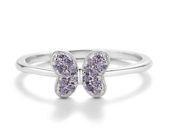 Little Girls Sterling Silver Amethyst Crystal Butterfly Ring with Sparkling CZs for Babies, Kids, Toddlers Jewelry, February Birthstone Ring