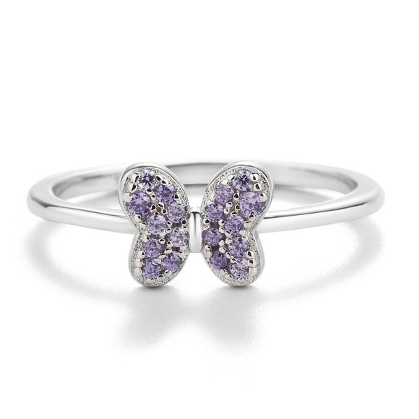 Kleine meisjes Sterling Zilver Amethyst Crystal Butterfly Ring met sprankelende CZ's voor baby's, kinderen, peuters sieraden, februari Birthstone Ring