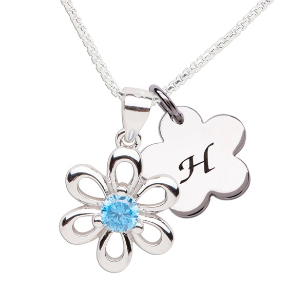 Sterling Silver CZ Birthstone Daisy Charm Necklace, with Personalized Daisy Initial Charm for Children, Kids, Toddler, Tween, Teens