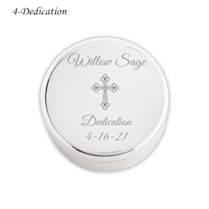 Personalized Baptism Gift for Girls, Silver Round Jewelry Box, FREE Engraved Name and Cross, Custom First Communion Gift, Infant Christening 4-Dedication Fancy