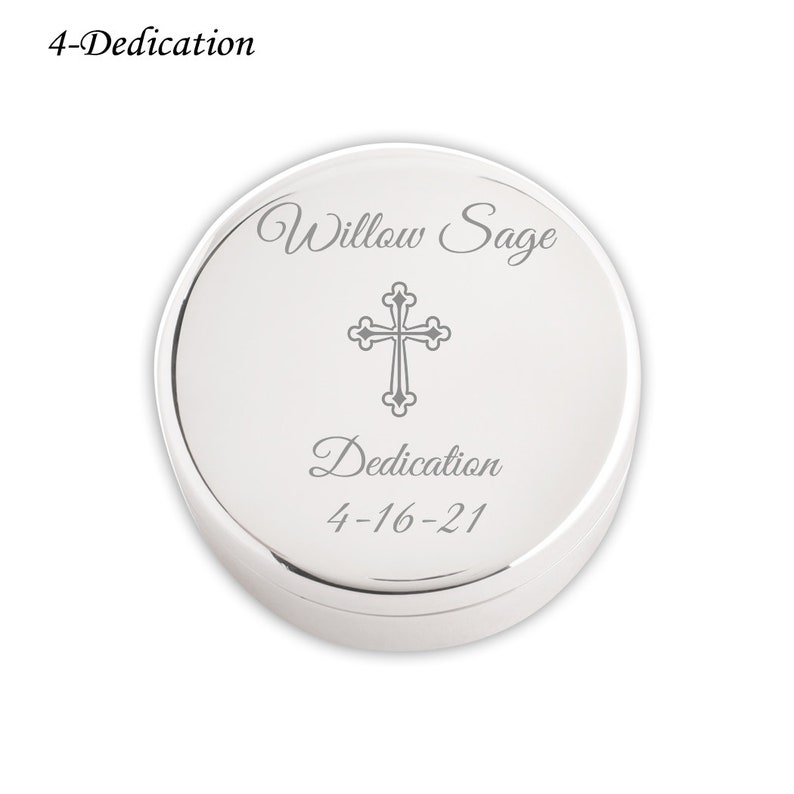 Personalized Baptism Gift for Girls, Silver Round Jewelry Box, FREE Engraved Name and Cross, Custom First Communion Gift, Infant Christening 4-Dedication Fancy