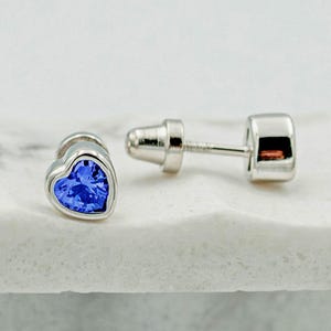Kids Sterling Silver September Birthstone Heart Earrings, Toddler Sapphire CZ Screw Back Earrings, Little Girls Hypoallergenic Jewelry