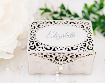 Personalized Silver Filigree Oblong Jewelry Box, FREE Engraving Custom Gift, Baby Girl Gift, Baptism, Bridesmaid, Anniversary, Best Friend