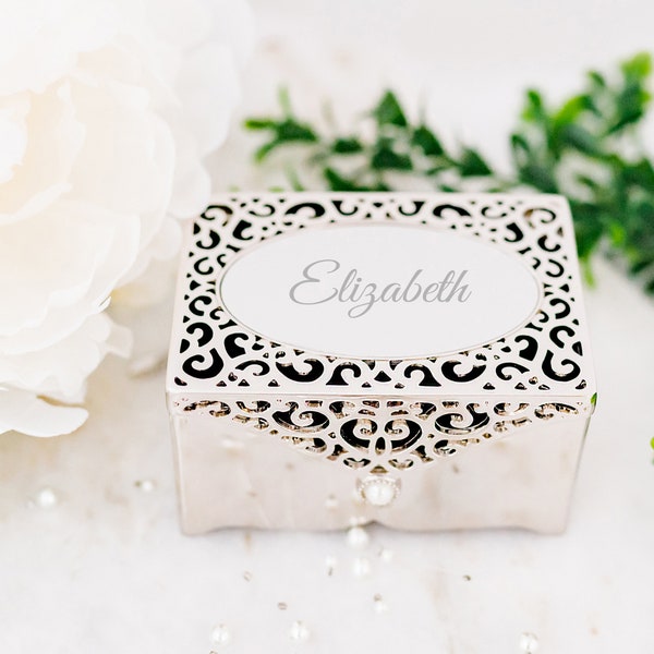 Personalized Silver Filigree Oblong Jewelry Box, FREE Engraving Custom Gift, Baby Girl Gift, Baptism, Bridesmaid, Anniversary, Best Friend