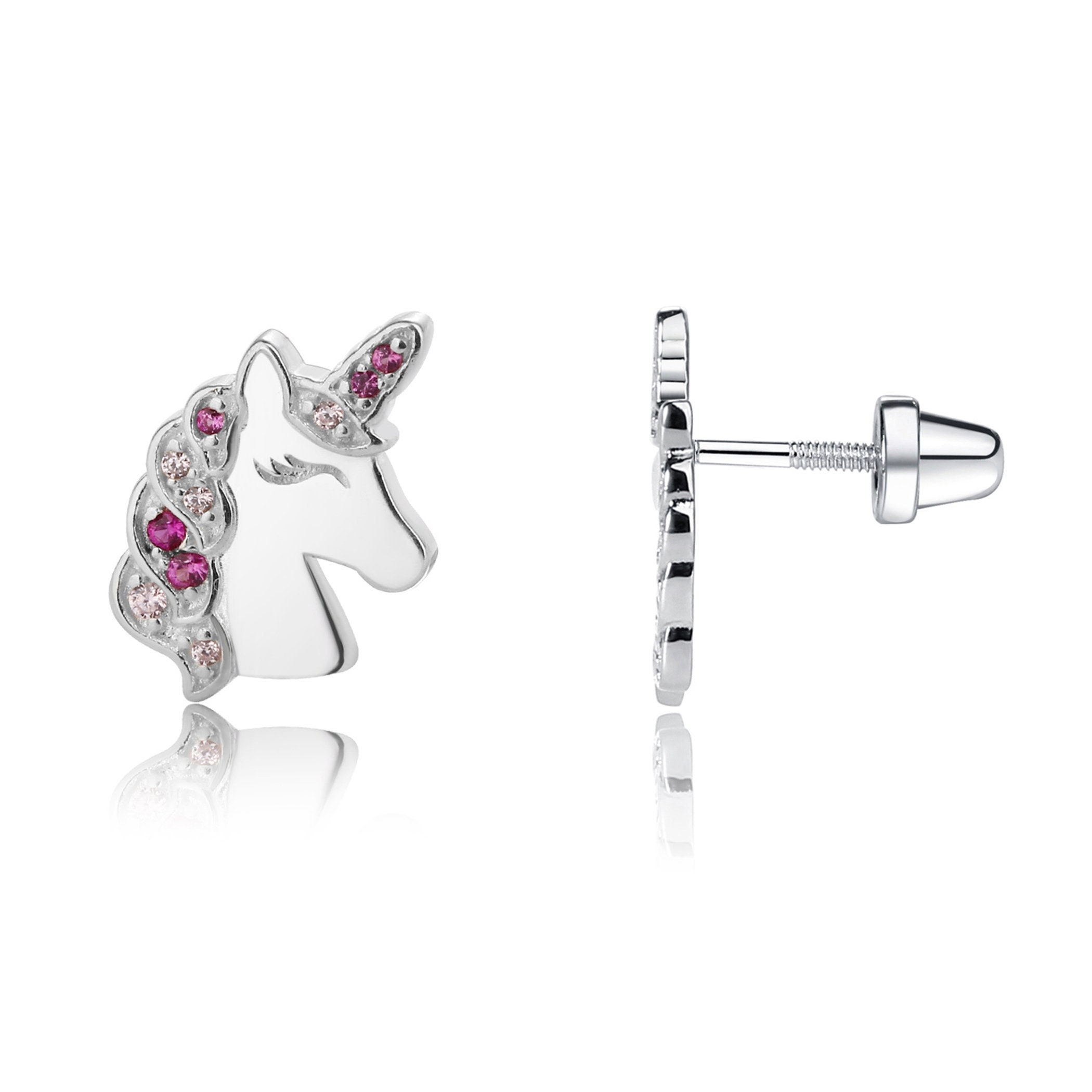 Orecchini Unicorno Per Bambine In Argento 925 | Smalto Rosa E Bianco, Chiusura A Vite Di Sicurezza, Ipoallergenici