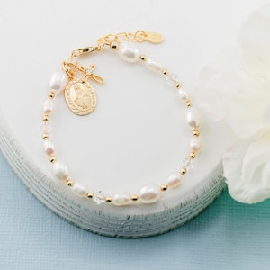 14K Gold-Plated Girls Rosary Bracelet First Communion Gift with Freshwater Pearls, Miraculous Medal Cross Catholic Jewelry or GodChild Gift
