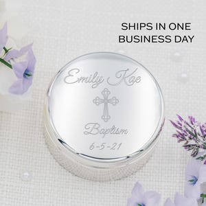 Personalized Baptism Gift for Girls, Silver Round Jewelry Box, FREE Engraved Name and Cross, Custom First Communion Gift, Infant Christening