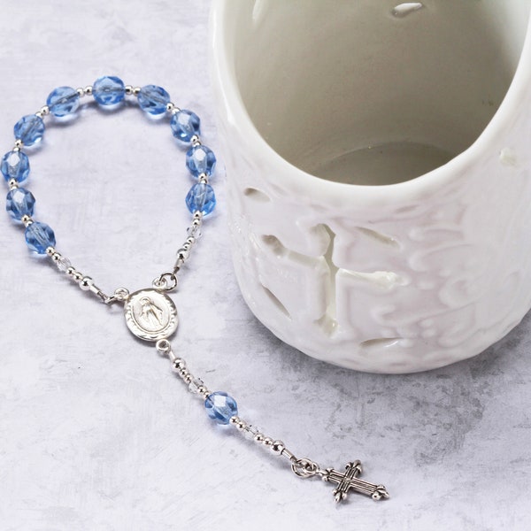 Sterling Silver Infant Baby Rosary in Blue for  Baby Baptism Christening Gift, First Rosary with Miraculous Medal and Cross