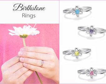 Girls Birthstone Ring, Kids Sterling Silver Baby Rings, Flower Ring for Little Girls, Women&#39;s Pinky Ring, Toddler Ring, Kids Birthstone Ring