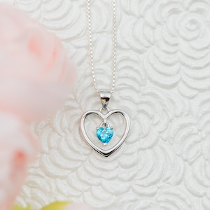 Custom Sterling Silver &quot;Dancing Heart&quot; Birthstone Necklace with CZ Heart Charm, Gift for Little Girls, Toddlers, Kids Teens and Women