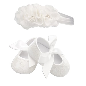 Light Ivory Baptism Lace Shoe and Headband Set for Baby Girls, Infant Girls Christening Shoes, Off White Baby Naming Blessing Shoe Headband