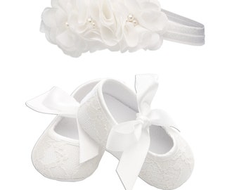 Light Ivory Baptism Lace Shoe and Headband Set for Baby Girls, Infant Girls Christening Shoes, Off White Baby Naming Blessing Shoe Headband