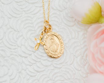 Sterling Silver or 14K-Gold Plated Miraculous Medal with Cross Necklace, Girls First Communion, Confirmation Gift Teen Women