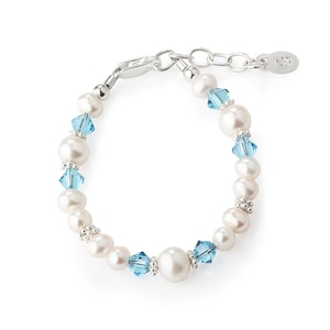 Sterlingzilveren gesimuleerde geboortesteenarmband met parel en kristal met optionele initiële bedel Gepersonaliseerde cadeau voor kinderen, peuters, babymeisje
