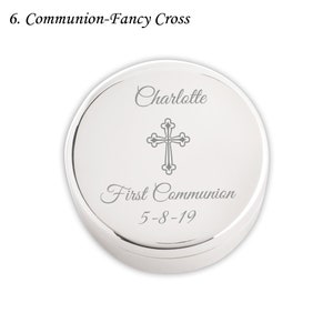 Personalized Baptism Gift for Girls, Silver Round Jewelry Box, FREE Engraved Name and Cross, Custom First Communion Gift, Infant Christening 6-Communion-Fancy