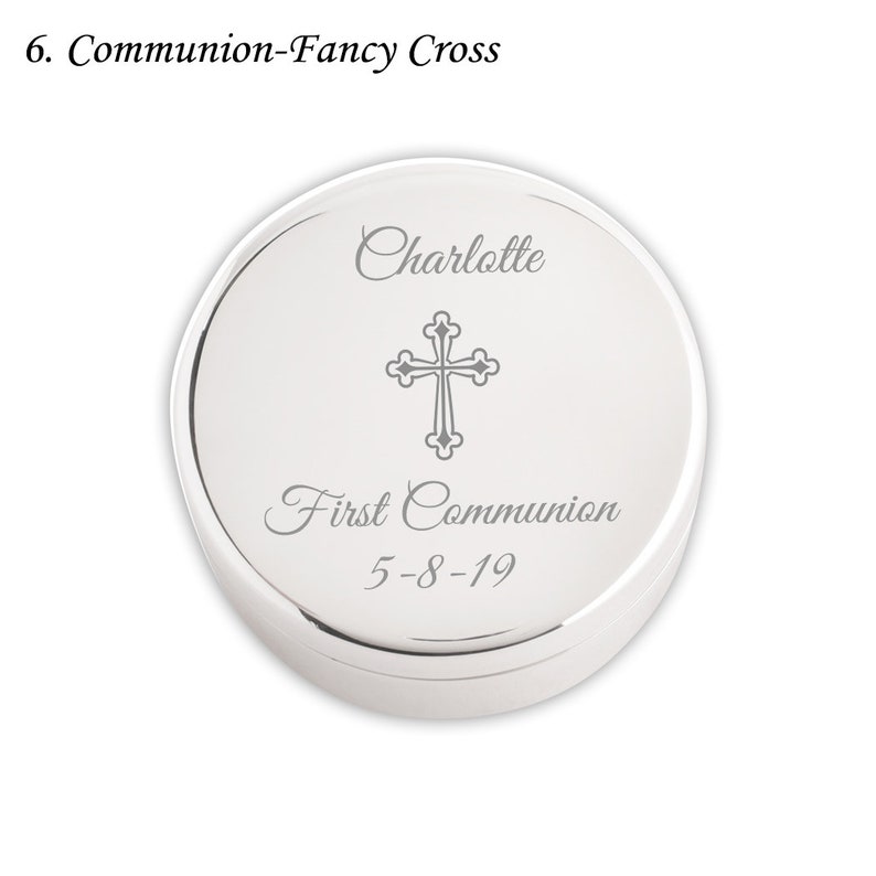 Personalized Baptism Gift for Girls, Silver Round Jewelry Box, FREE Engraved Name and Cross, Custom First Communion Gift, Infant Christening 6-Communion-Fancy