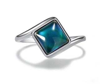 Vierkante sterling zilveren stemmingsring die van kleur verandert en je stemming weergeeft, leuk voor meisjes, kinderen, tieners en vrouwen.