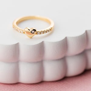 Little Girls 14K Gold Plated Sterling Silver Puff Heart Ring with Clear CZ's, Pinky Ring, Women and Teens, Toddler, Baby and Kids