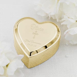 Gold-tone Baby Baptism or Christening Gift for Girls, Heart Jewelry Box, Dedication, First Communion, or Confirmation Keepsake Gift