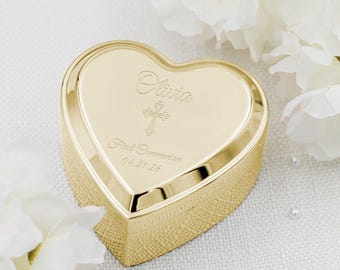 Gold-tone Baby Baptism or Christening Gift for Girls, Heart Jewelry Box, Dedication, First Communion, or Confirmation Keepsake Gift