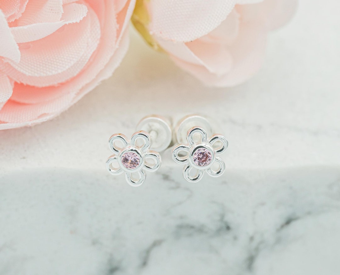Children's Sterling Silver Pink Daisy Earrings, Little Girls Screw Back