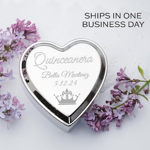 Quinceañera Gift for 15 Year Old Girls, Personalized Silver Heart Jewelry Box with FREE Engraving, Sweet 16 Gift, Sweet 15 Gift with Tiara