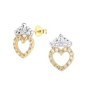 Sterling Silver and 14K Gold-Plated Quinceañera Earrings for Girls, Featuring Heart with Tiara and Fifteen CZ Stones, Sweet 15 Birthday Gift