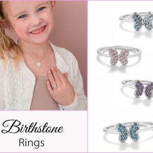 Sterling Silver Butterfly Birthstone Ring for Little Girls with CZs for Babies, Kids, Toddlers, Children&#39;s, Pinky Ring for Teens and Women