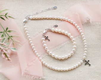 Sterling Silver Freshwater Pearls and Cross Charm Necklace and Bracelet Set. 1st Holy Communion Gift, Baptism, Christian Gift for girls