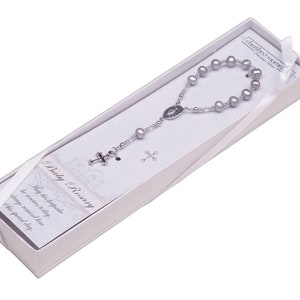Sterling Silver infant Baby Rosary in Gray for Baptism Gift, First Rosary Miraculous Medal and Cross