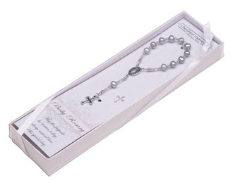 Sterling Silver infant Baby Rosary in Gray for Baptism Gift, First Rosary Miraculous Medal and Cross