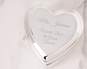 Personalized Silver Heart Jewelry Box, FREE Engraving, Gift for Bridesmaids, Anniversary, Best Friend, Retirement, Graduation, Teacher Gift